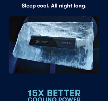 Serta Antarctic promotional infographic highlighting 15X Better Cooling Power with the exclusive Cooltex System, featuring a mattress encased in ice