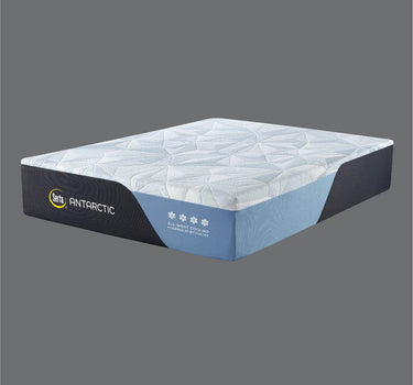 Full angled view of the Serta Antarctic mattress showcasing its geometric diamond-quilted white top and dual-tone black and light blue Cooltex cooling border