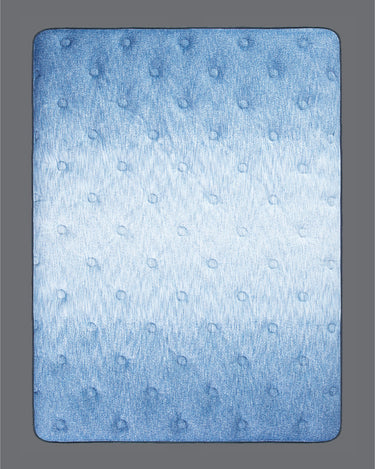 Top-down flat view of Serta Classic Latex mattress surface showing soft blue ombre fabric with subtle circular tufted dot detailing and navy border piping on a grey background
