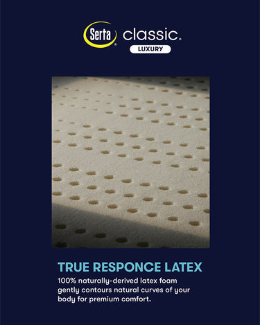 Serta Classic Luxury mattress True Response Latex feature infographic showing close-up of perforated natural latex foam for premium body-contouring comfort