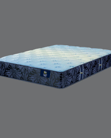 Angled view of Serta Classic Plus mattress displaying light blue tufted sleep surface and deep navy blue floral-pattern side border on a grey background