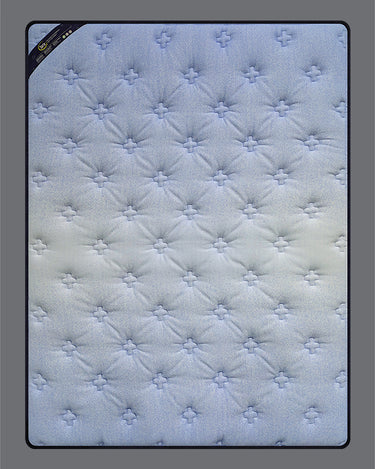 Top-down flat view of Serta Classic Plus mattress surface showing light blue cross-pattern quilted fabric with tufted detailing and navy border