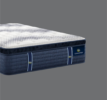 Corner close-up of Serta iComfort Eco mattress highlighting the white geometric-quilted pillow-top layer and deep navy blue quilted base with iComfort Eco brand label