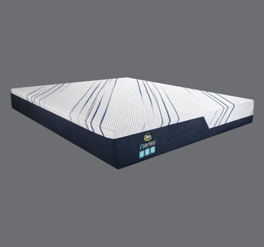 Full angled view of Serta iSeries mattress displaying white diagonal-striped cooling fabric top and deep navy blue base with iSeries brand and triple cooling icon label