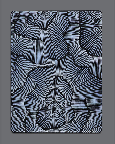 Top-down flat view of Serta Perfect Sleeper Hybrid mattress surface displaying detailed navy blue and silver radial floral-patterned quilted fabric